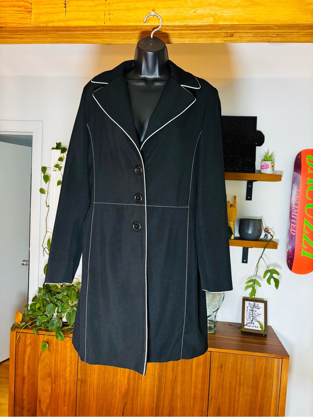 Marcona Black Trench Coat Jacket White Piping Trim Pinstripe Lining Size 12